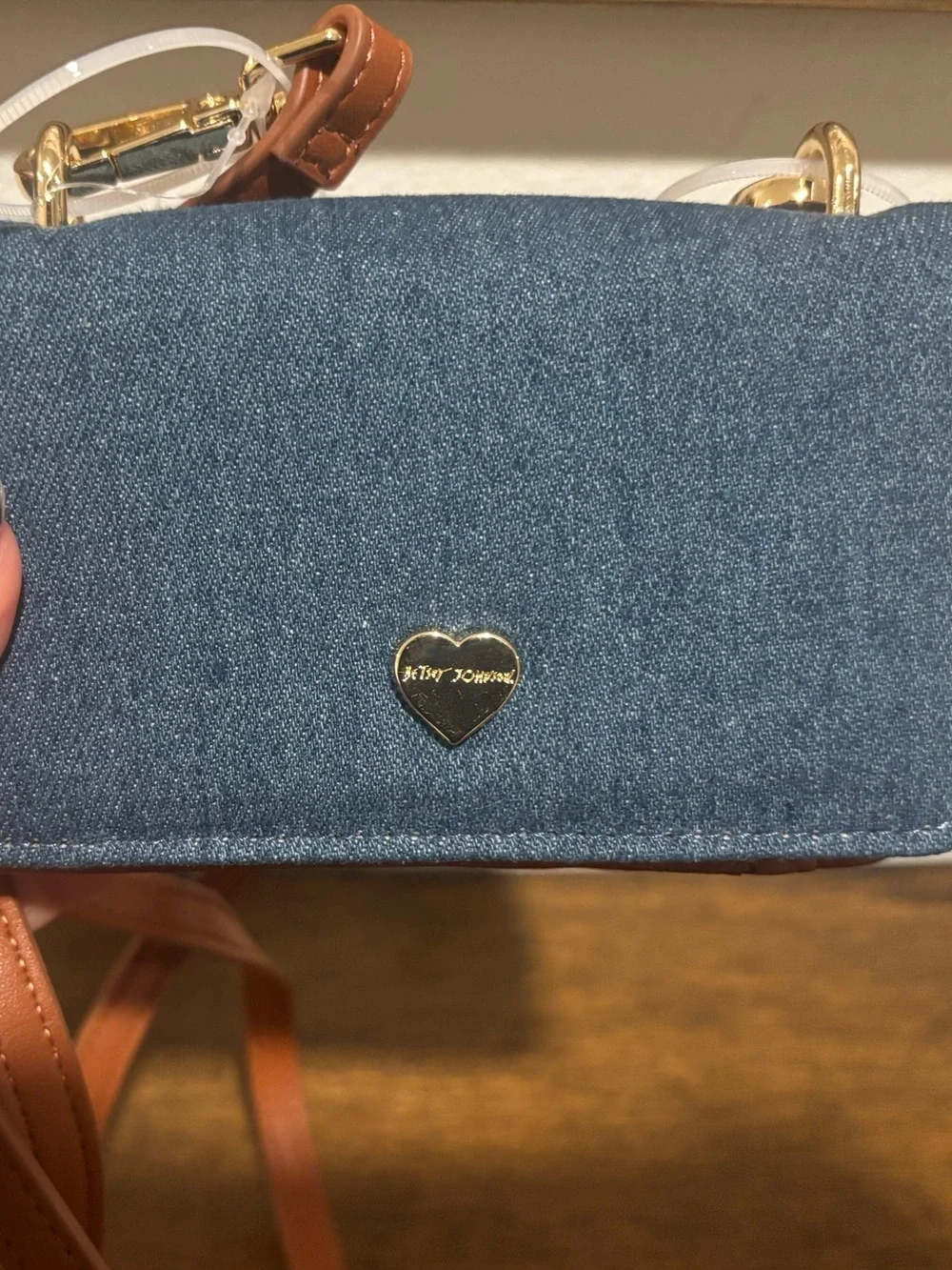 Betsey Johnson Mini Denim Crossbody with Brown Strap and Gold Tone Heart
